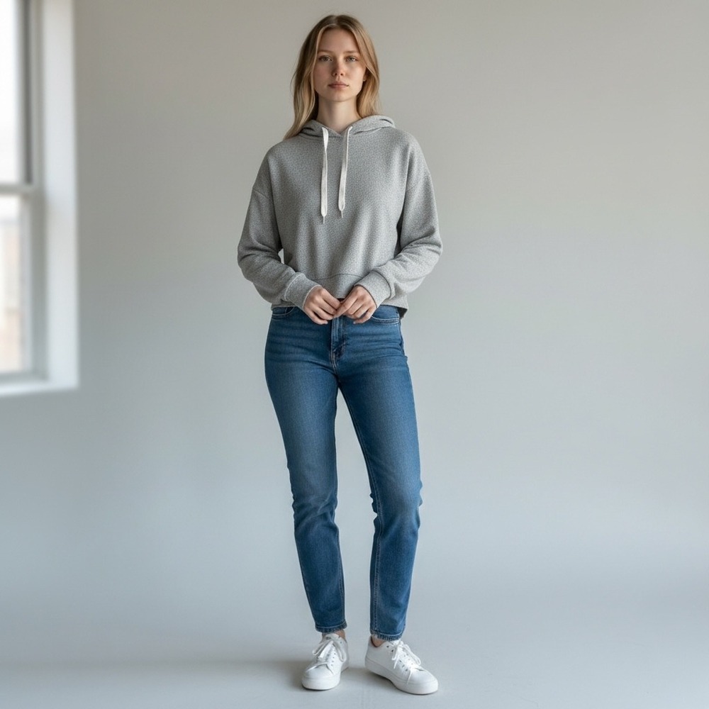 Senita Athletics Hoodie Women Medium Grey Herringbone Crop Pullover Athleisure